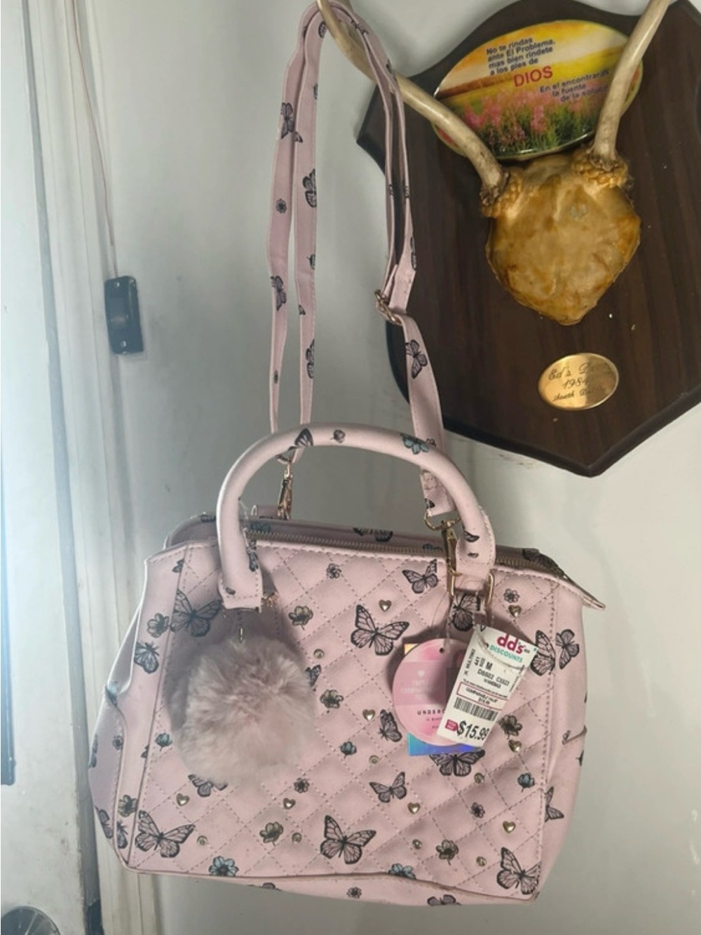 Unknown Brand Pink Butterfly Satchel Bag with Pom Pom